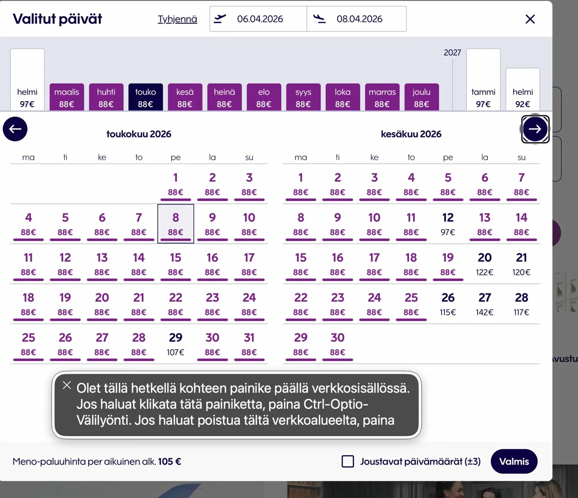Finnair päivämäärävalitsin — hinnat näkyvät vain visuaalisesti, ruudunlukija ei lue niitä